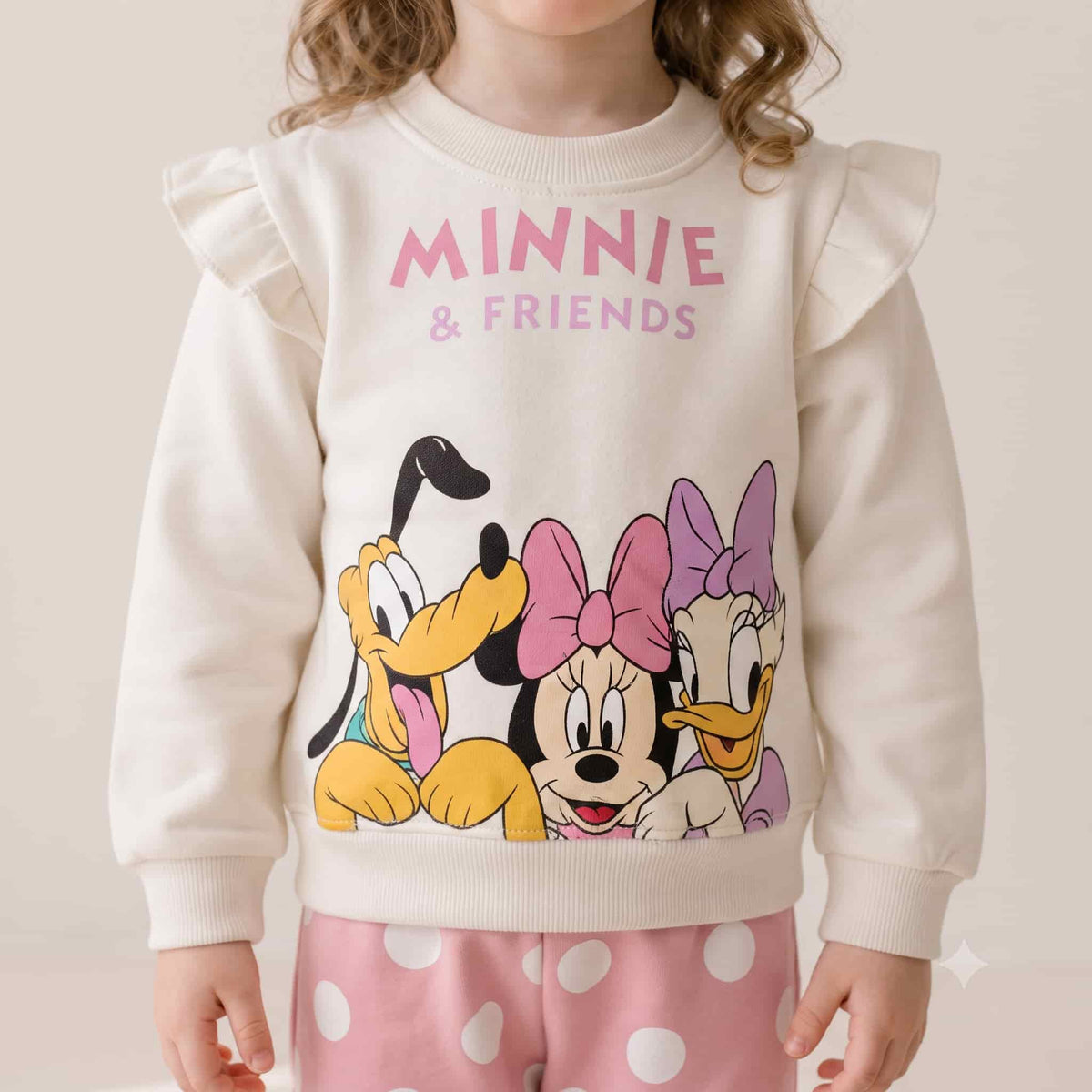 Minnie Mouse Girls Winter Full Sleeves Pajama Set – Cream & Pink