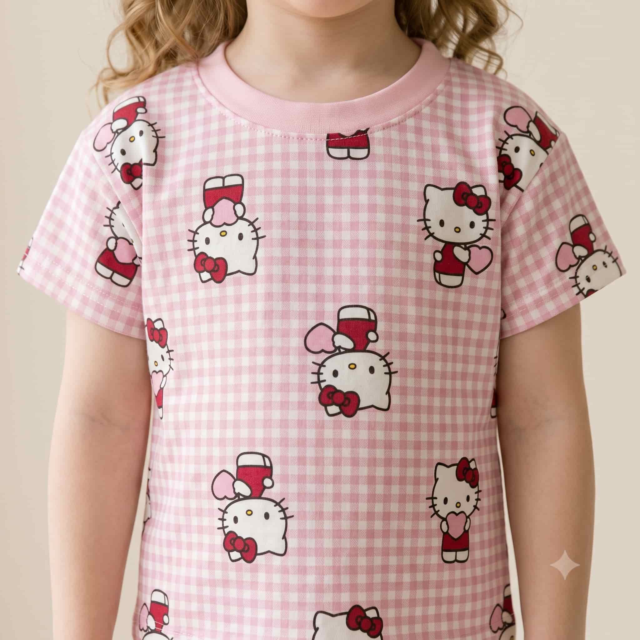 Checkered Kitty Girls Half Sleeves Pajama Set - Pink