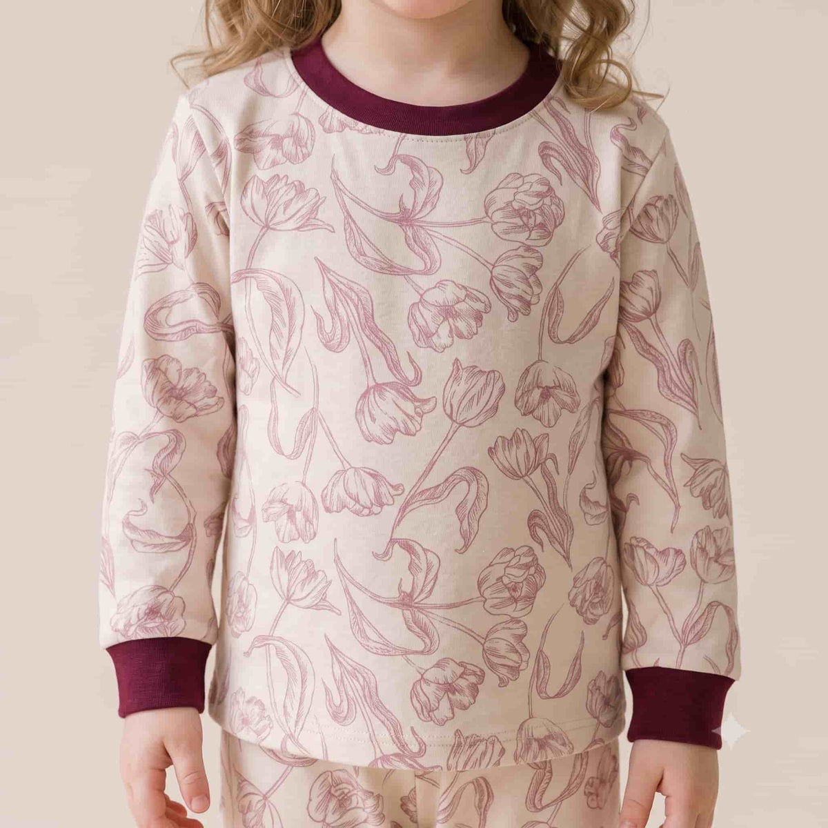 Vintage Petals Girls Full Sleeves Pajama Set - Cream