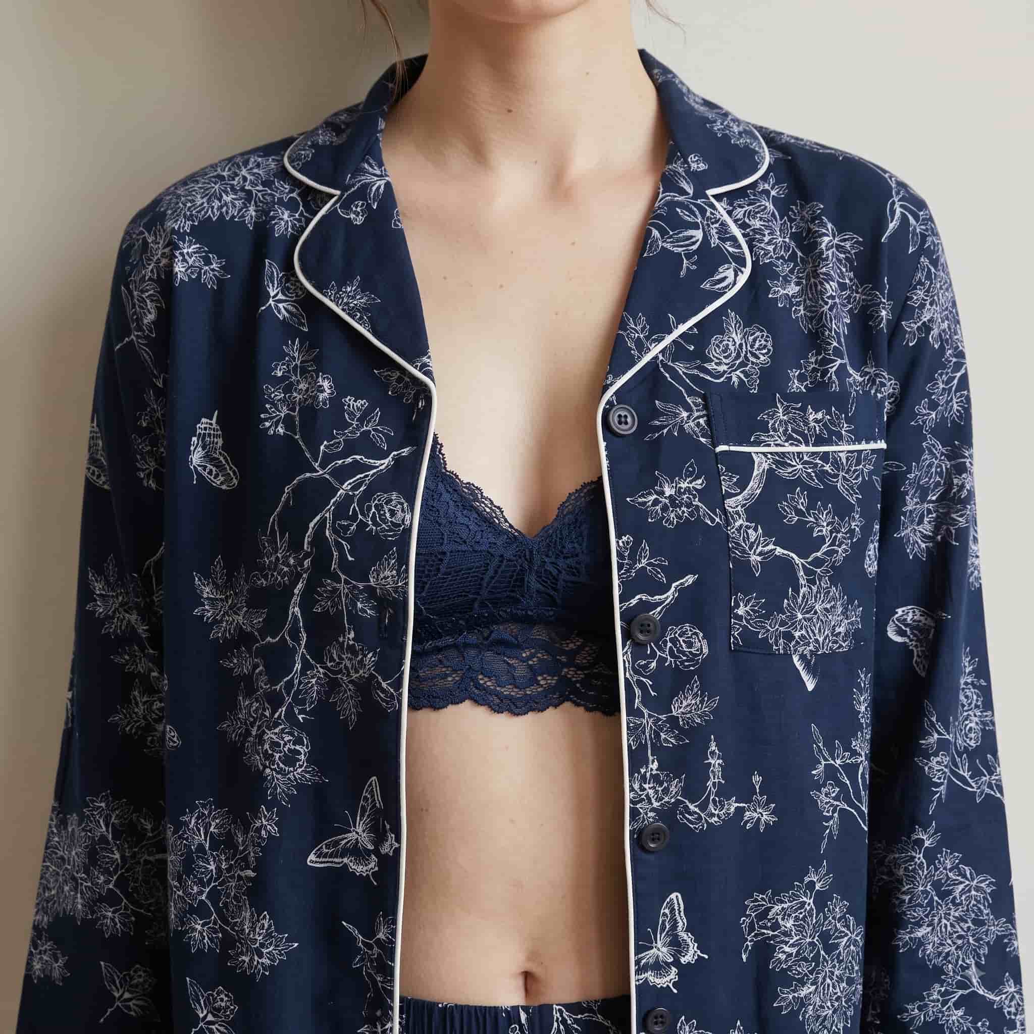 Midnight Bloom Women Full Sleeves Pajama Set - Navy Blue