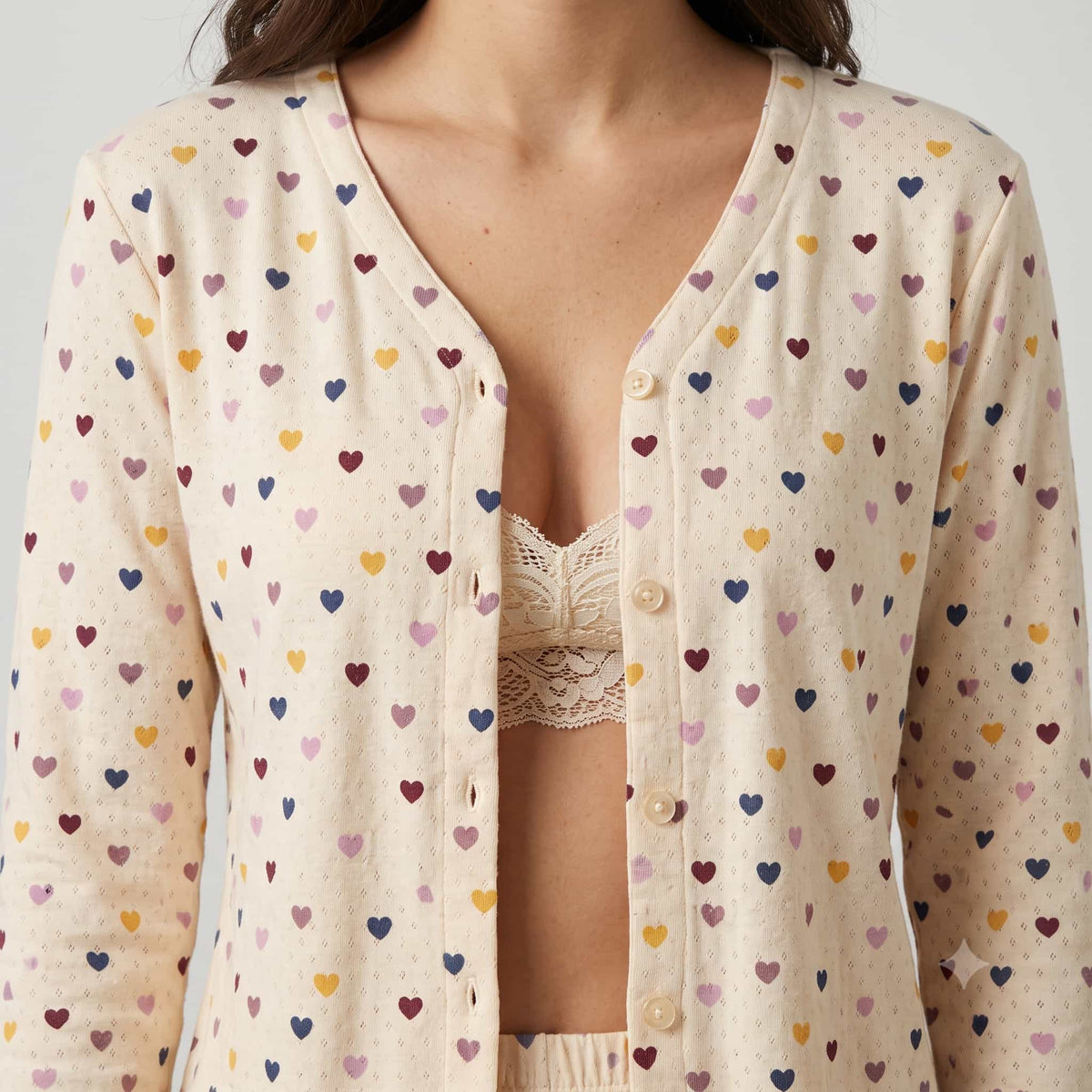 Heart Confetti Women Full Sleeves Pajama Set – Cream