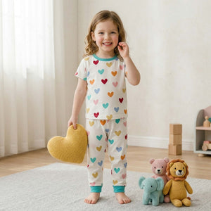 Colorful Hearts Girls Short Sleeves Pajama Set - White