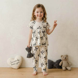 Bow Love Girls Pajama Set - Cream & Grey