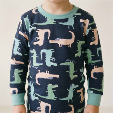 Crocodile Boys Full Sleeves Pajama Set - Navy Blue
