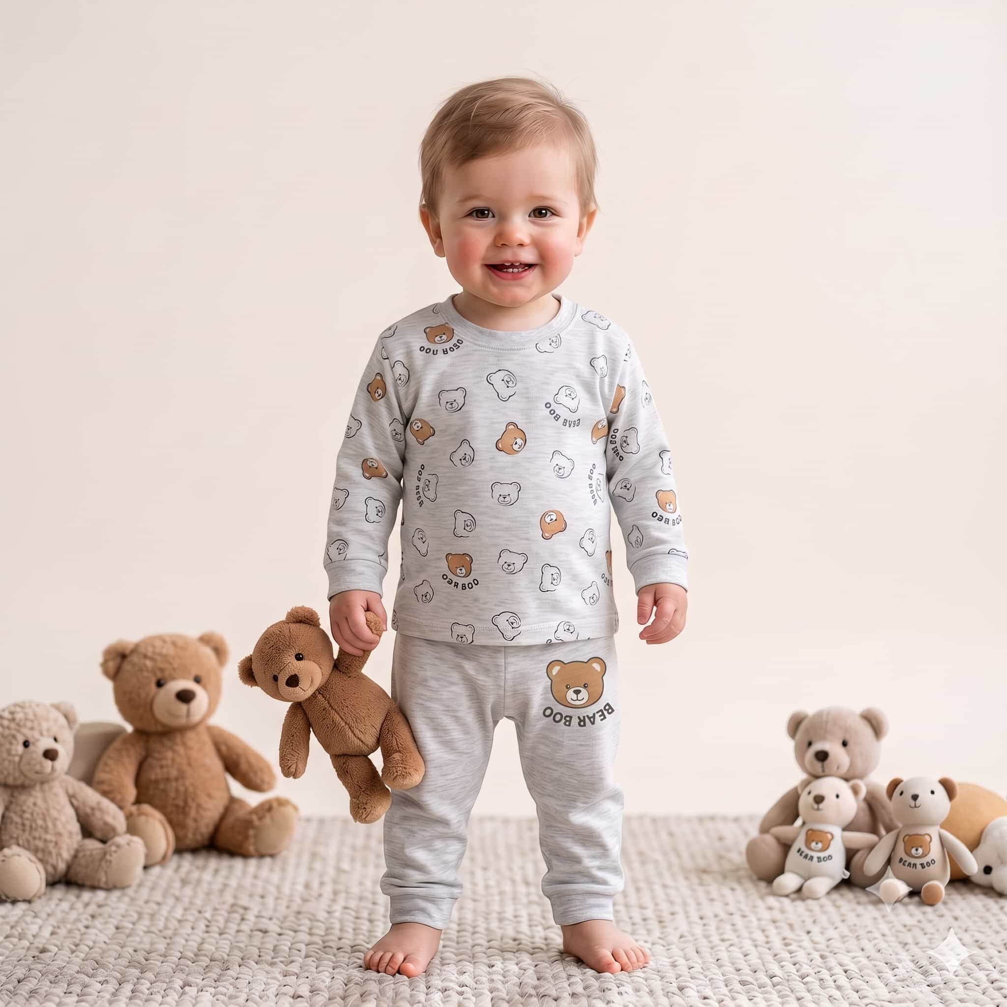 Snuggle Bear Baby Boys Full Sleeves Pajama Set - Grey