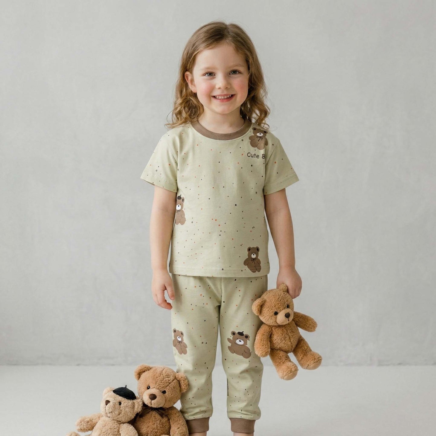 Cute Bear Girls Pajama Set - Light Brown