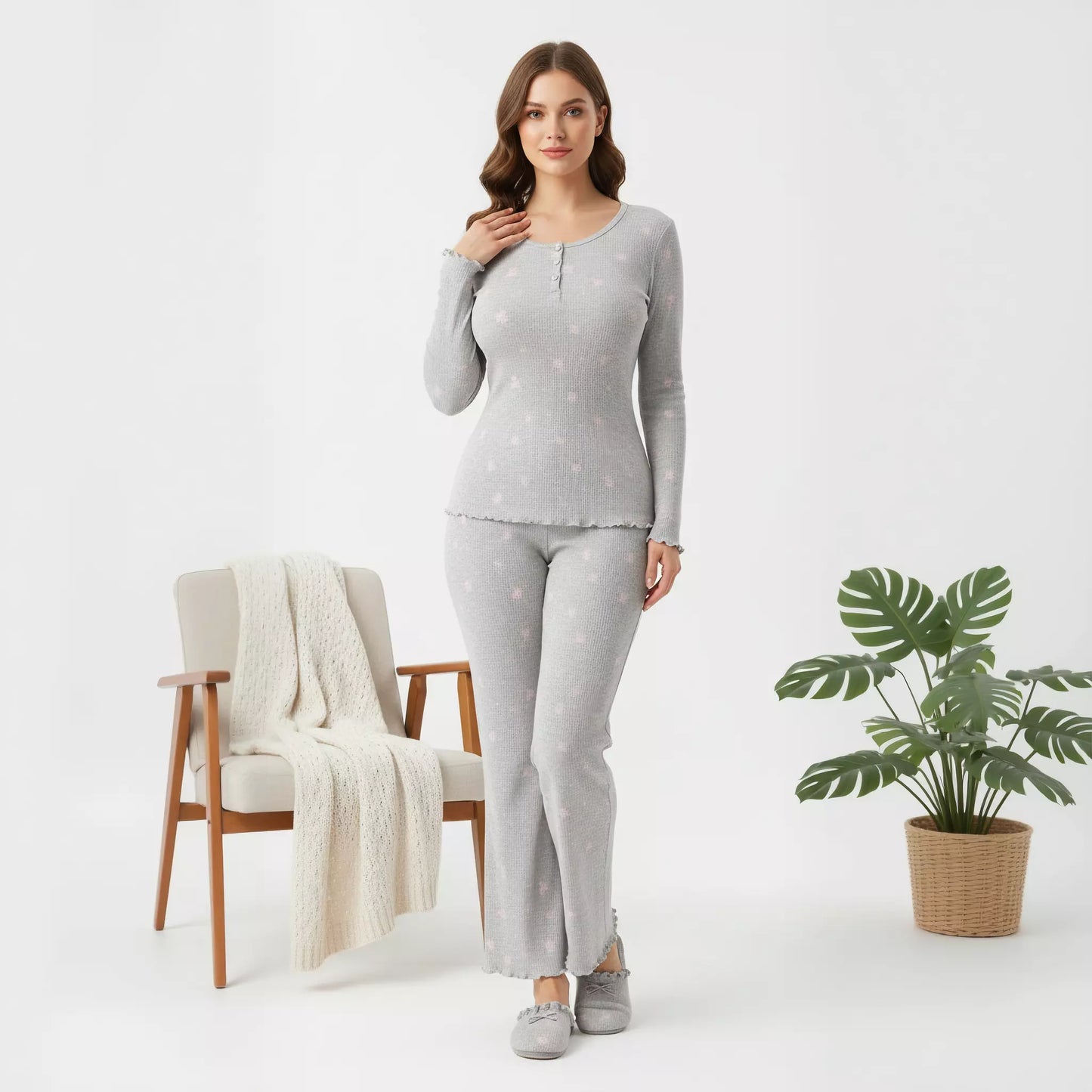 Pink Bow Women Pajama Set- Grey