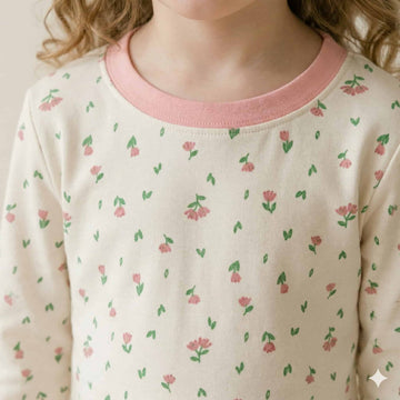 Blossom Lotus Girls Full Sleeves Pajama Set - Creme