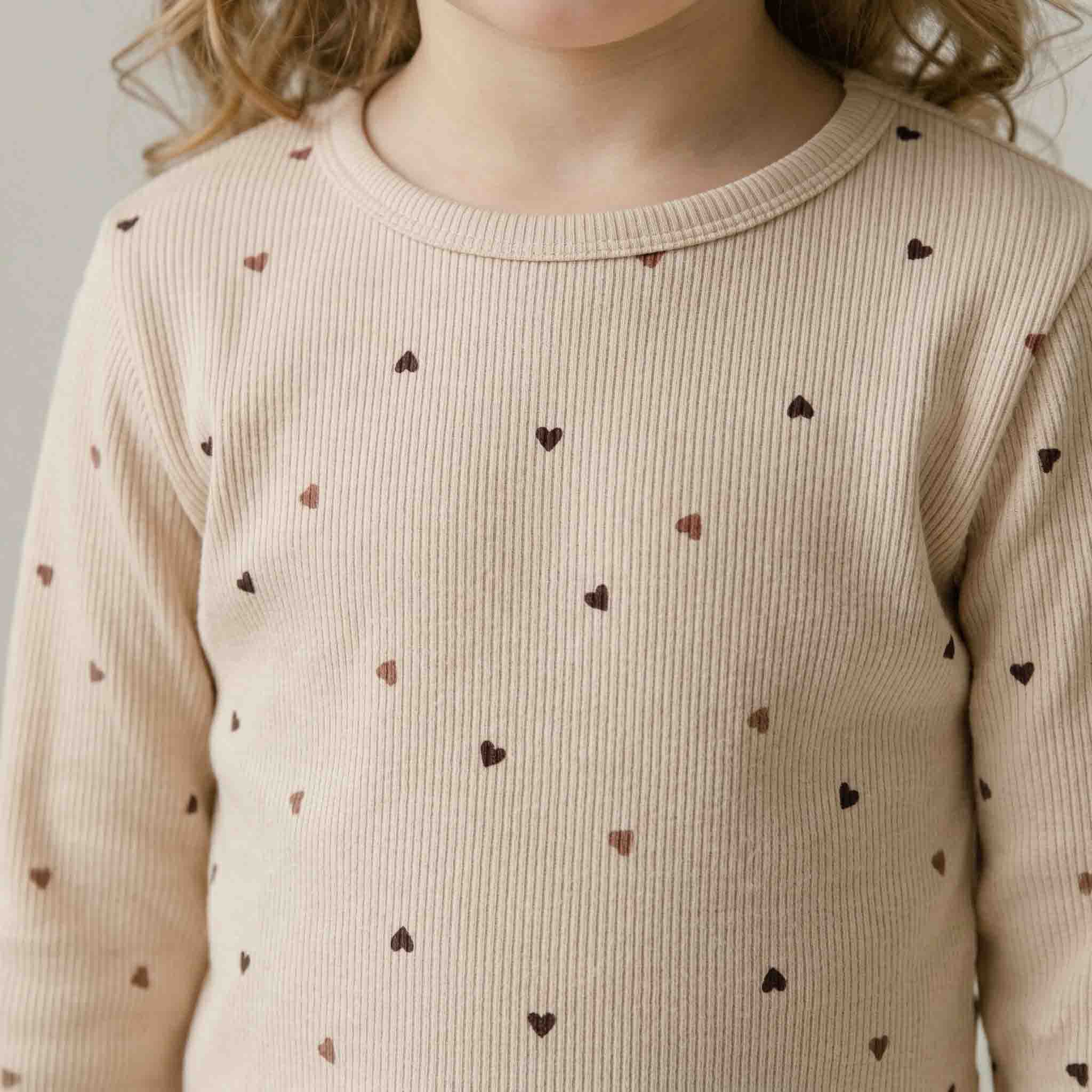 Little Hearts Girls Full Pajama Set - Light Brown