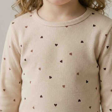 Little Hearts Girls Full Pajama Set - Light Brown