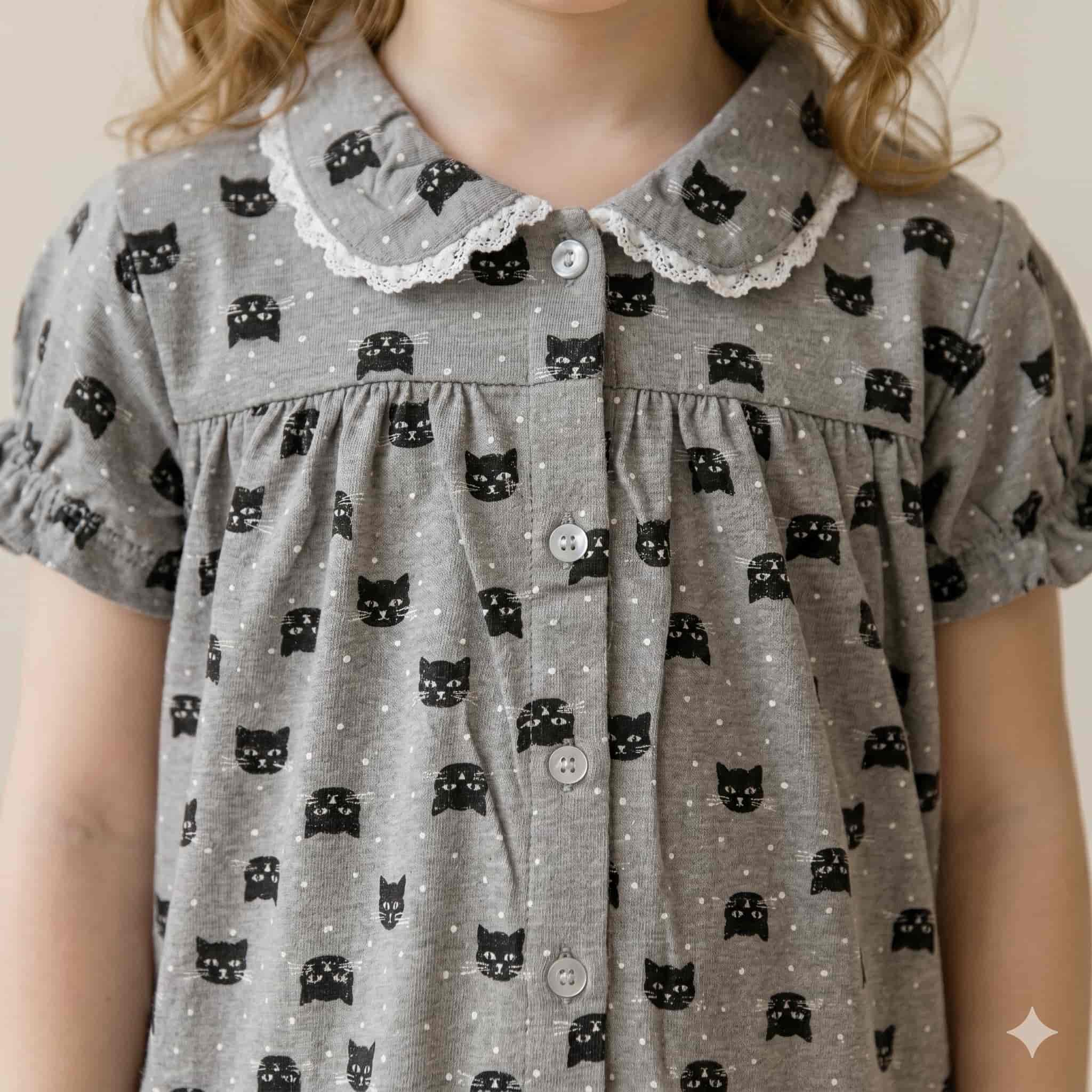 Whiskered Charm Girl Half Sleeves Pajama Set - Grey & Black