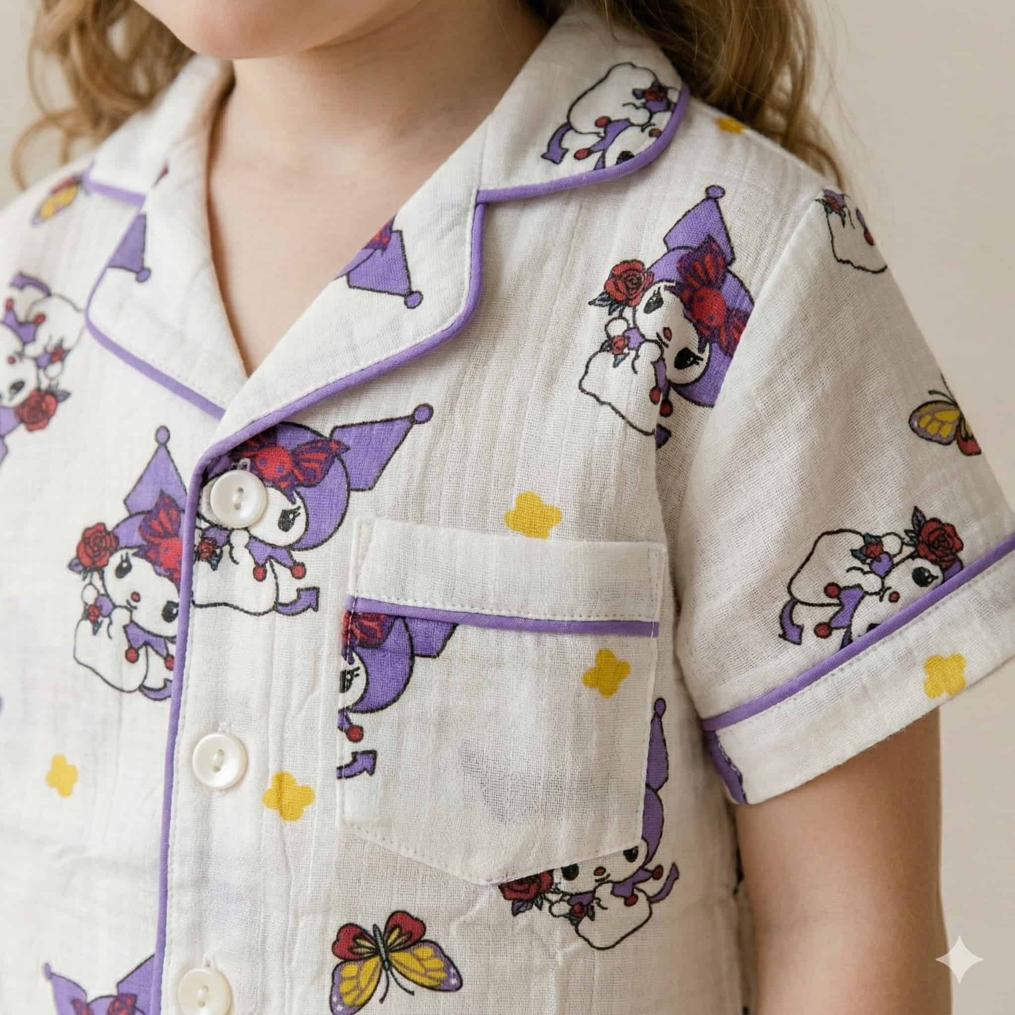 Kuromi Butterfly Girls Half Sleeves Pajama Set- White