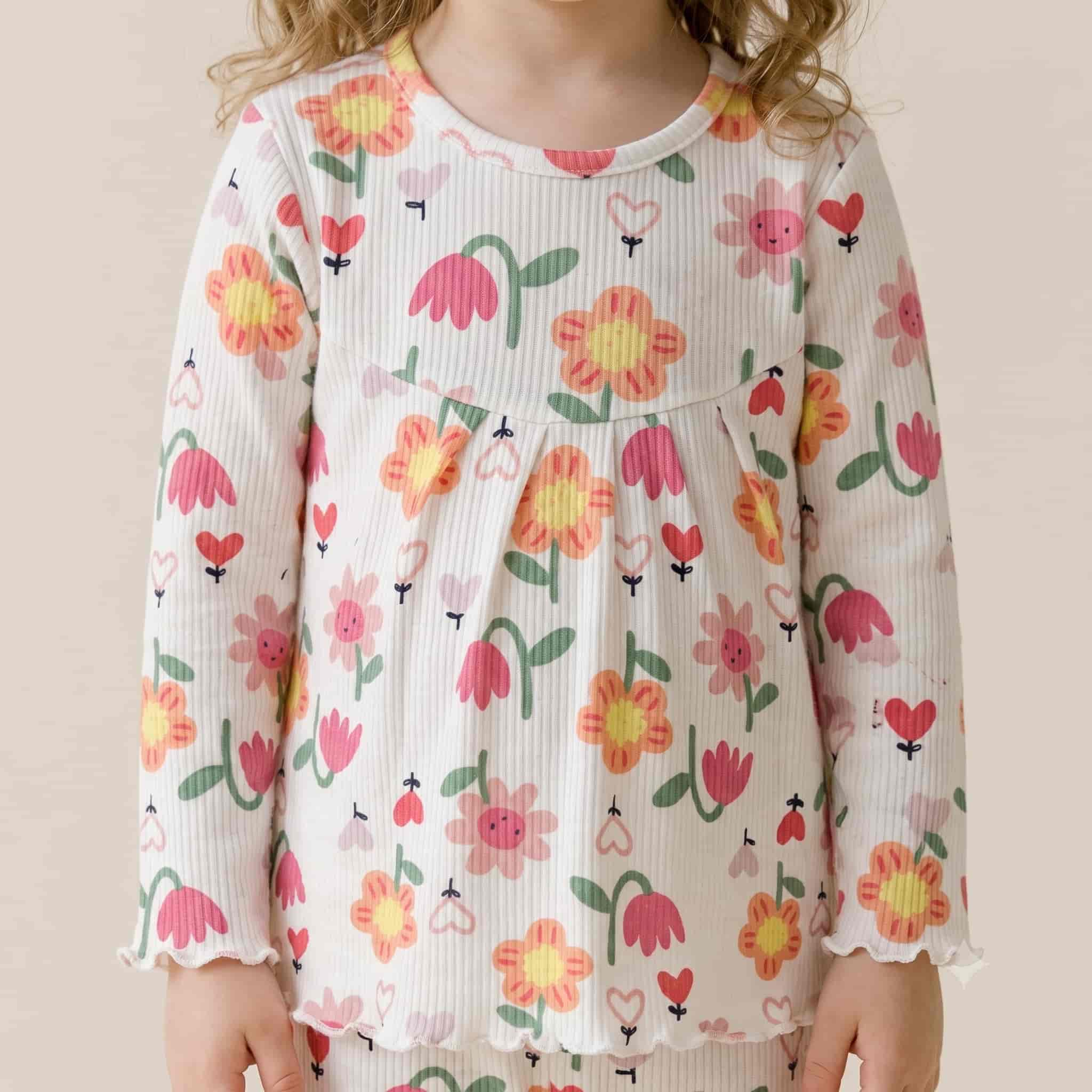 Smiley Blooms Girls Full Sleeves Pajama Set - Off-White