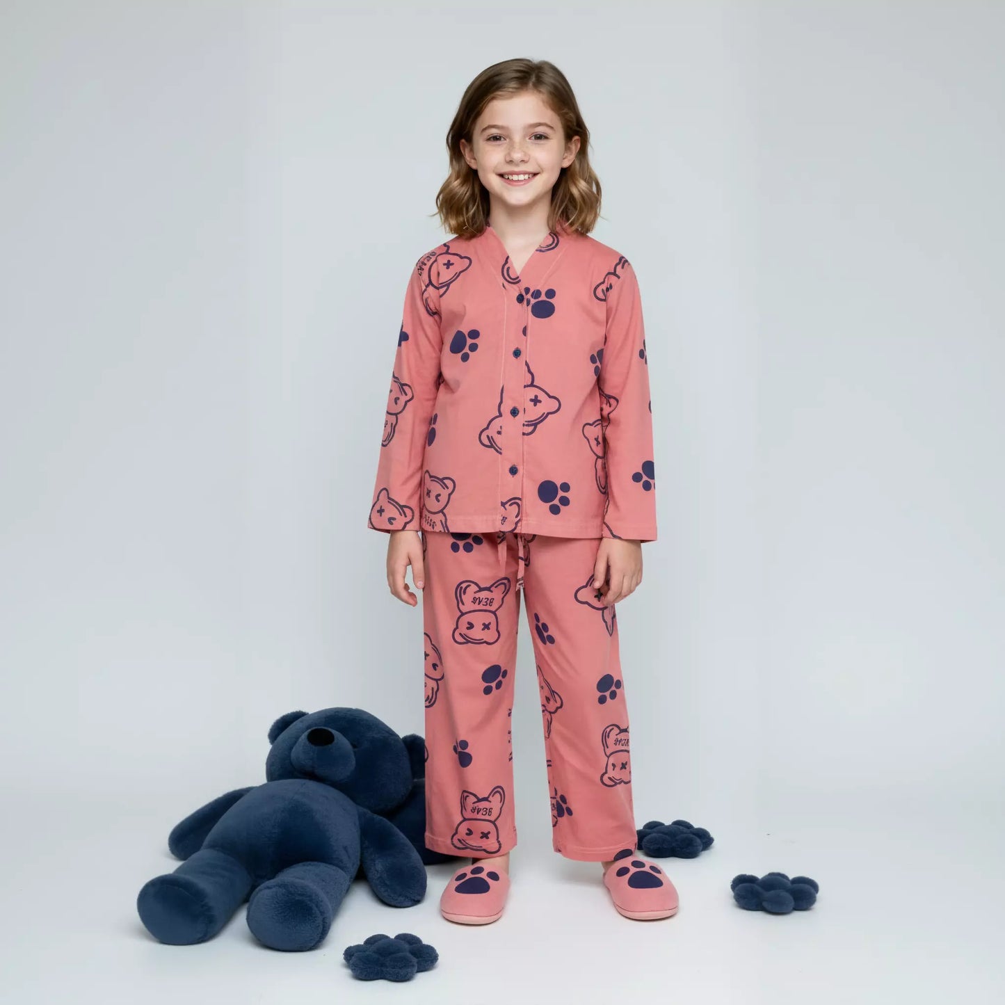 Bear Girl Woven Rayon Button Pajama Set - Pink