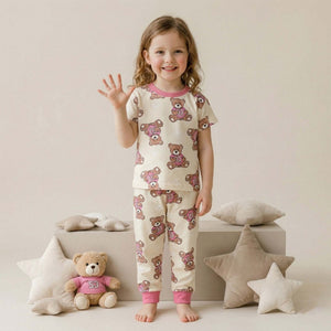 Teddy Plushy Girls Short Sleeves Pajama Set - Cream
