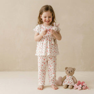 Cute Bows & Hearts Girls Pajama Set - Cream & Pink