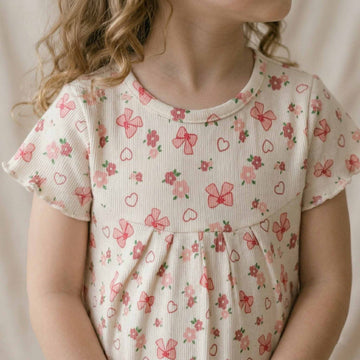 Cute Bows & Hearts Girls Pajama Set - Cream & Pink