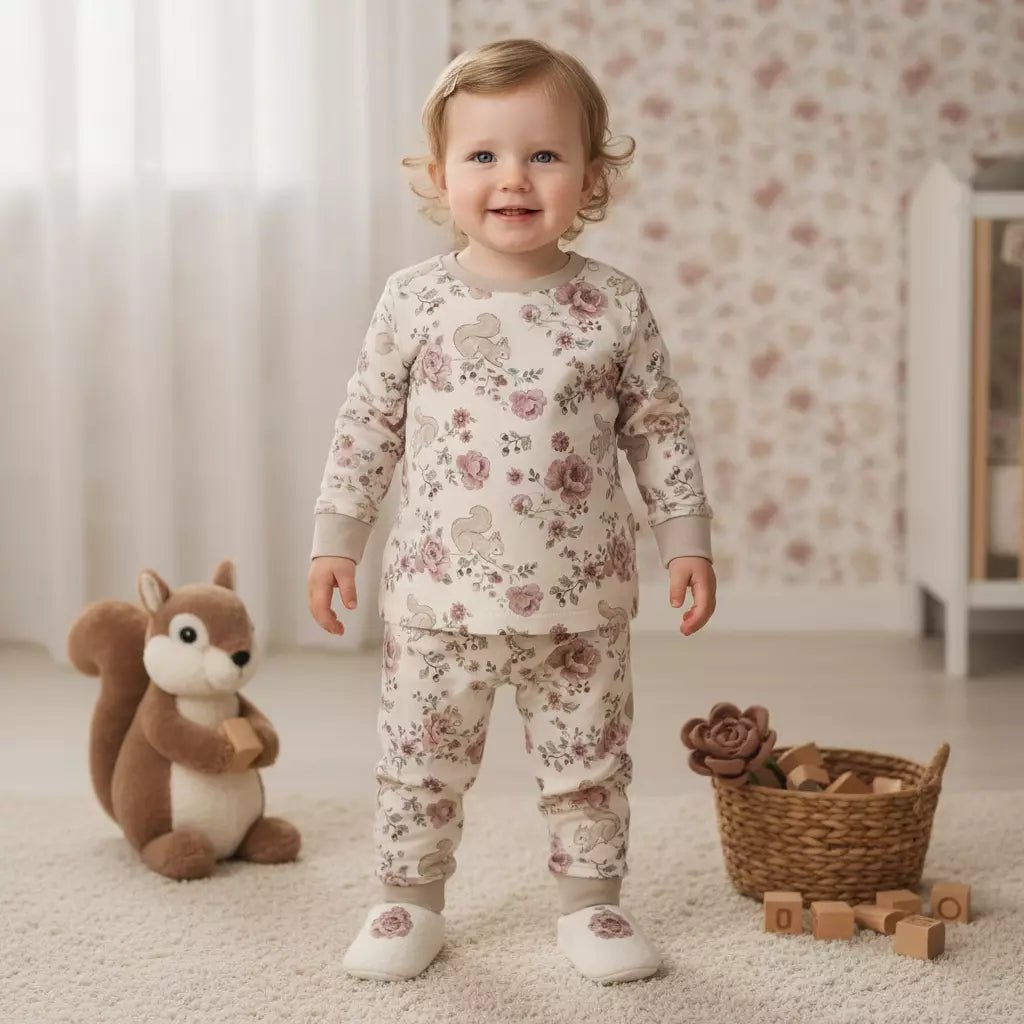 Squirrel Baby Girl Pajama Set- Beige