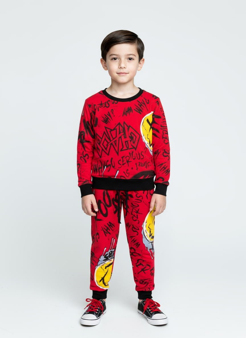 Smiley Boy Sweatshirt Set- Red