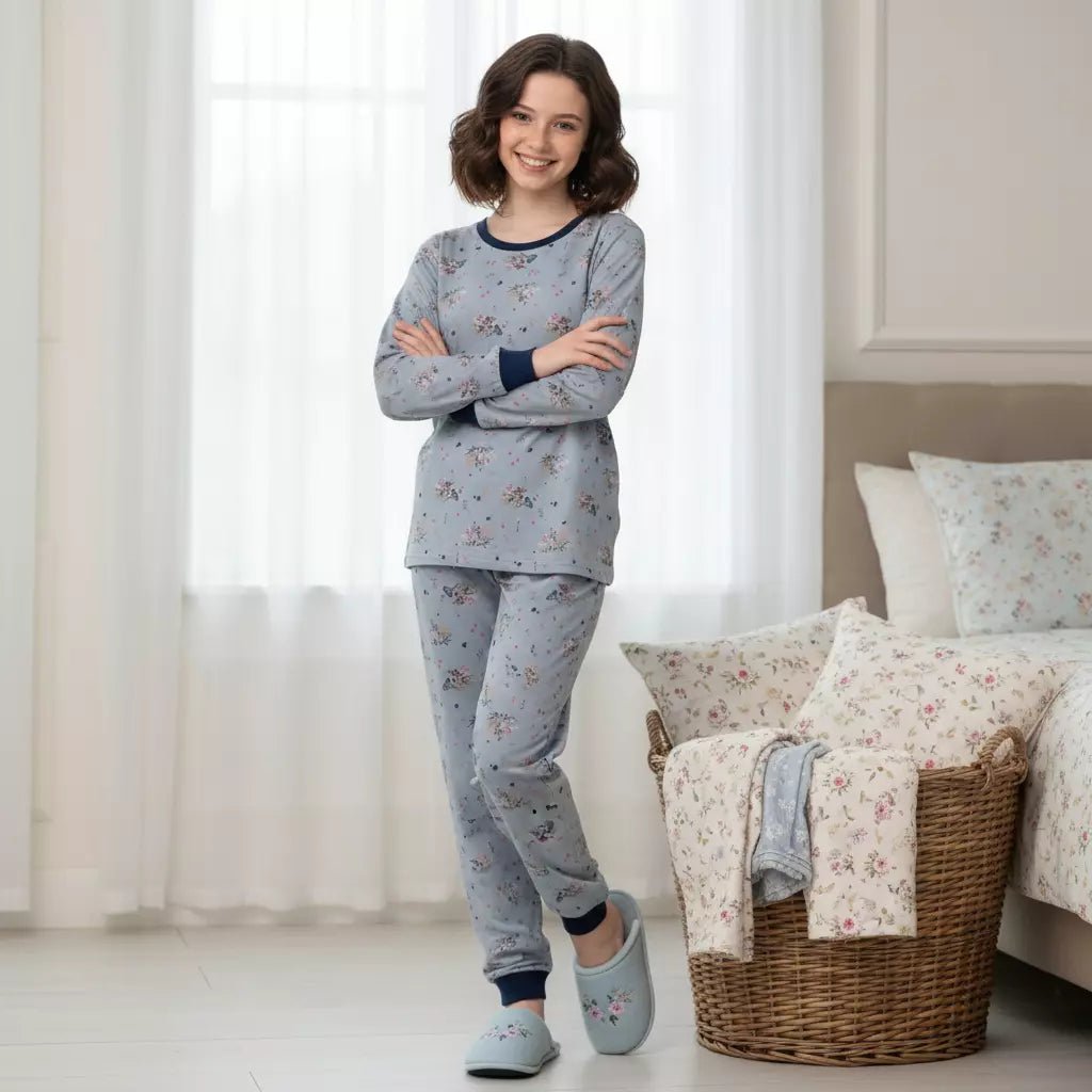 Flower Boquete Girl Pajama Set- Blue