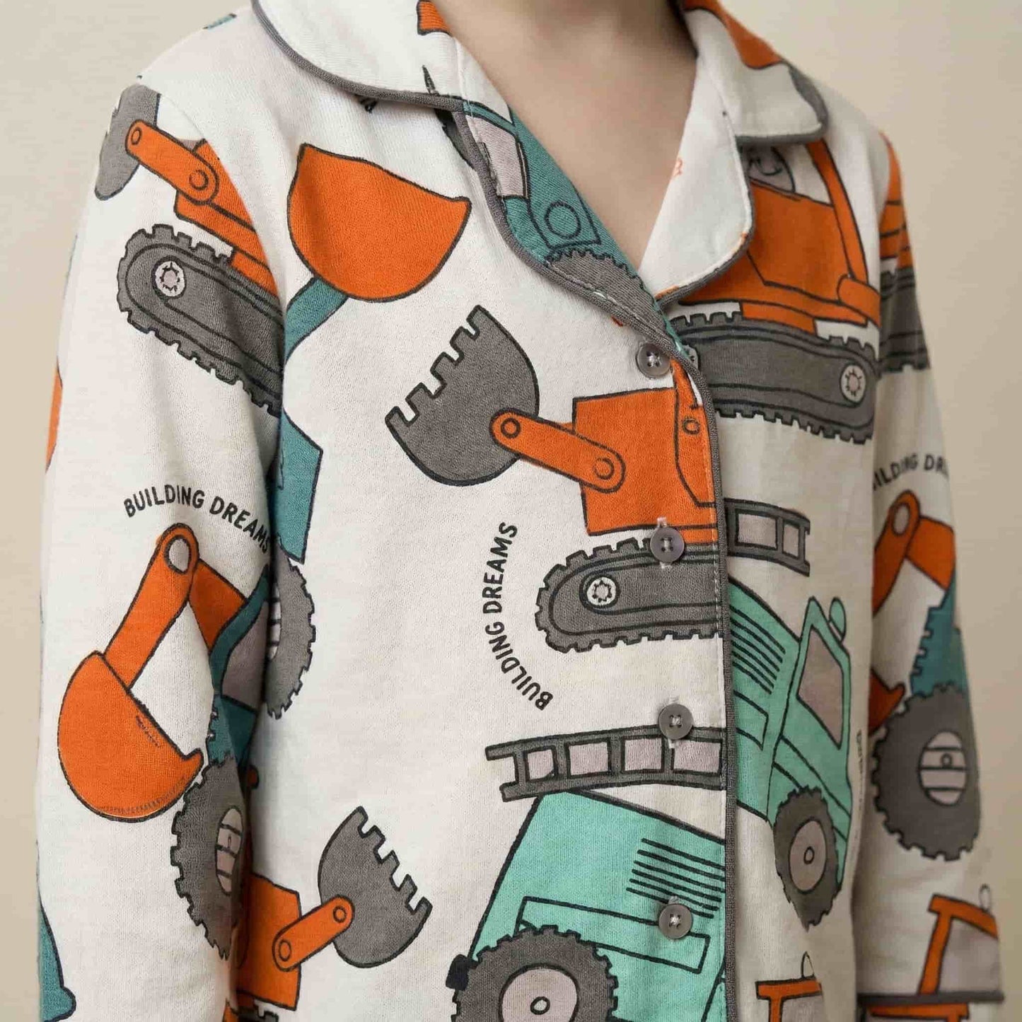 Excavator Button Boy Pajama Set- White