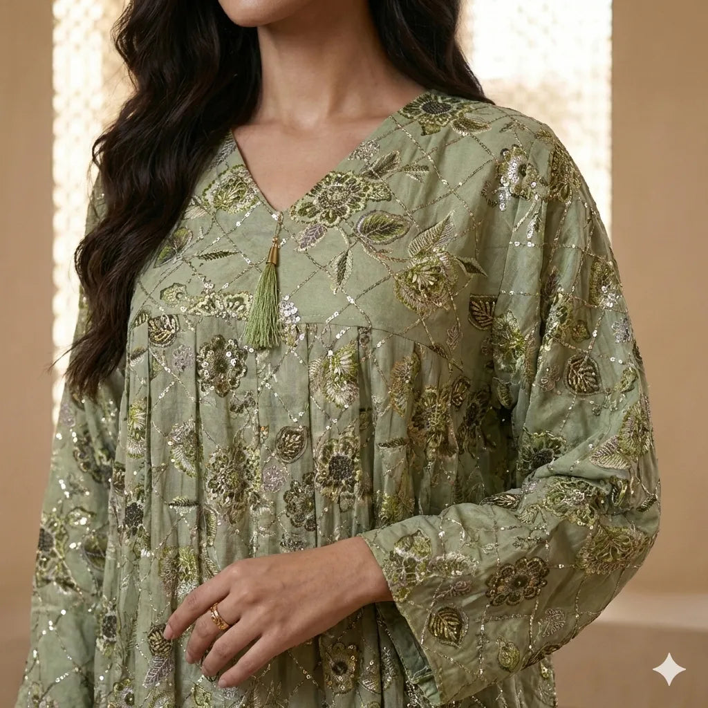 Sage Green Leaf Pattern Women Daraa- Green