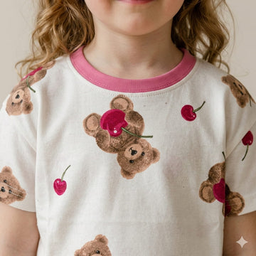 Teddy Cherry Girl Pajama Set- White