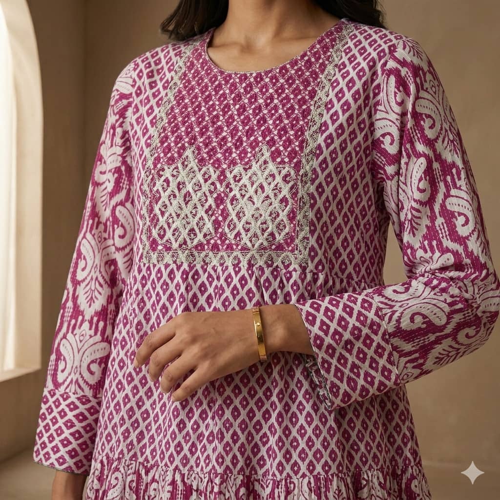 Embroidered Tiered Women Daraa- Pink