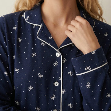White Bow Women Pajama Set- Navy Blue