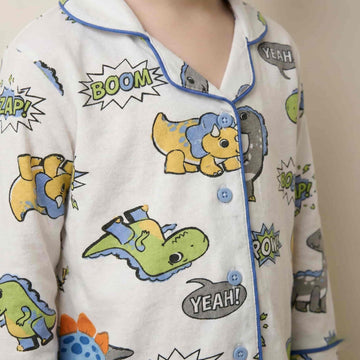 Comic Dino Button Boy Pajama Set- White