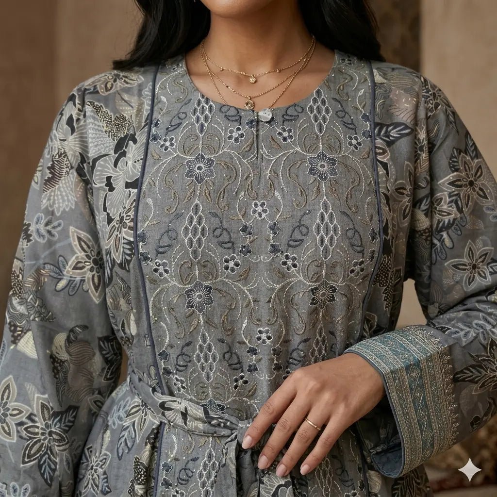 جلابية نسائية بنقوش فخمة - رمادي فضي