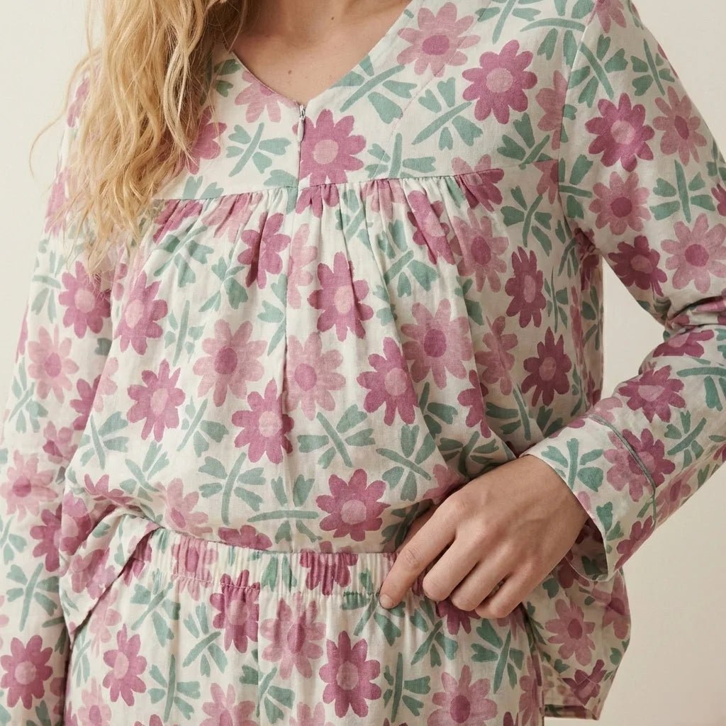 Pink Flower Zip Neck Women Pajama Set- Pink