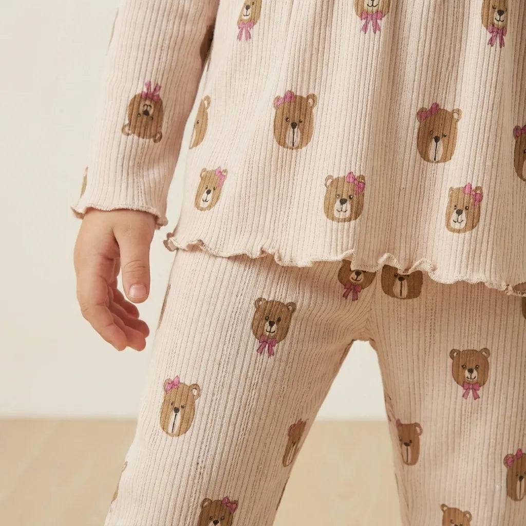 Teddy Bow Girl Pajama Set- Cream