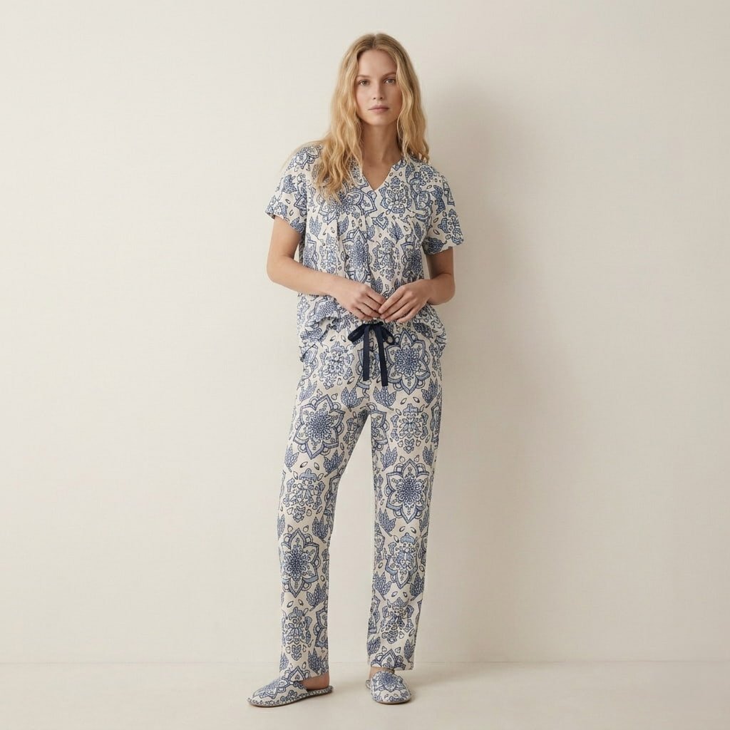 Digi Flower Women Button Pajama Set- Blue