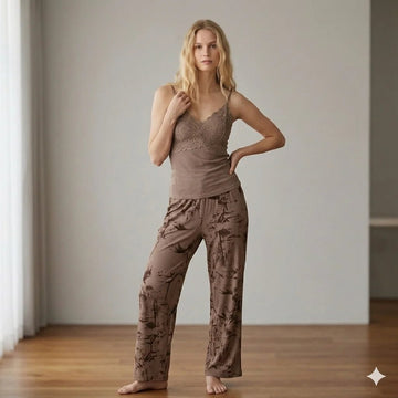 The Textured Lace 3pc Women Pajamas- Dark Brown