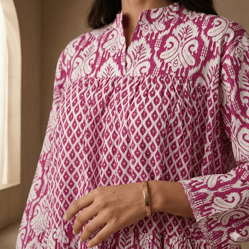 Crimson Geometric Tiered Women Daraa- Magenta Pink