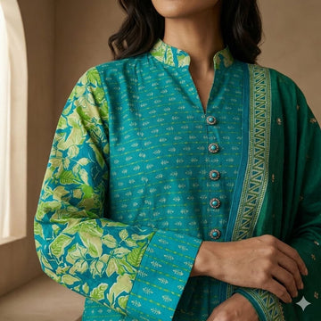 Azure Peacock Anarkali Women Daraa- Teal