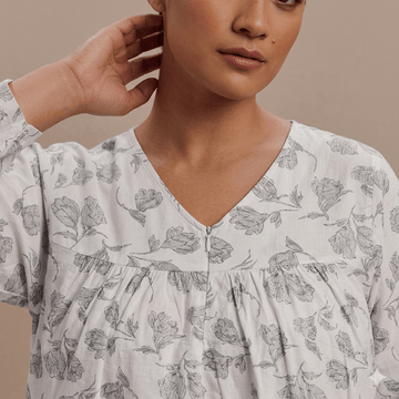 Charcoal Sketch Floral Women Pajama Set- White