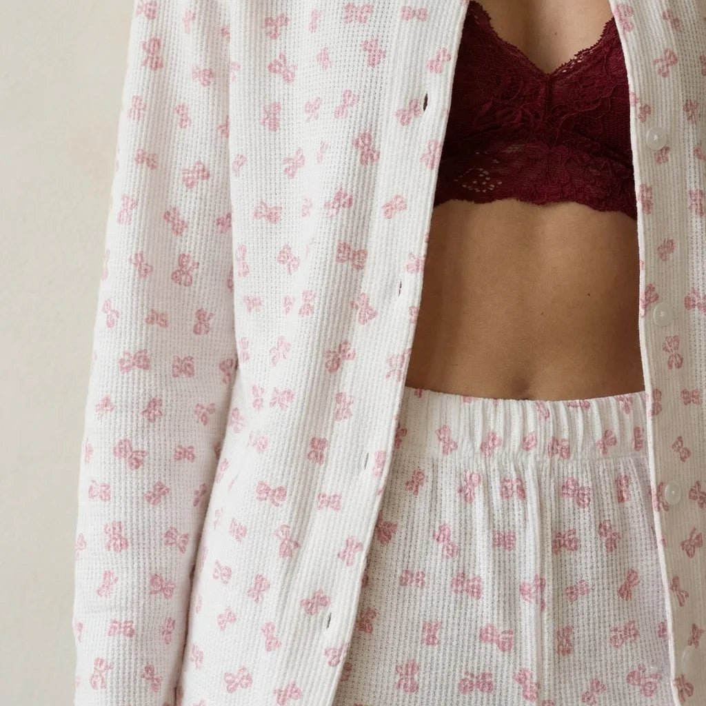 Pink Bow Full Button Women Pajama Set- Pink