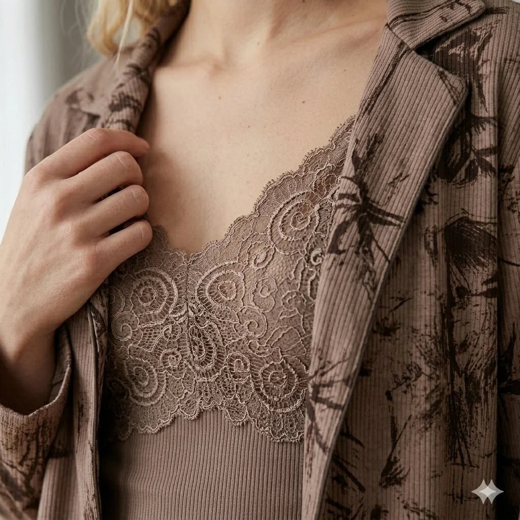 The Textured Lace 3pc Women Pajamas- Dark Brown