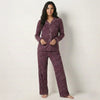 Floral Leaves Women Full Button Pajama Set- Maroon