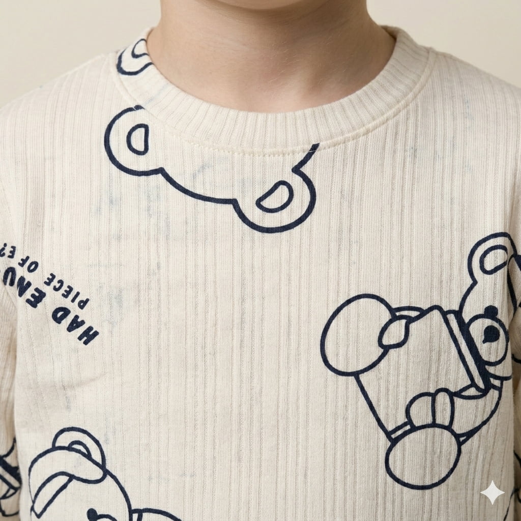 Teddy Bear Outline Boy Full Sleeves Pajama Set- Off White.