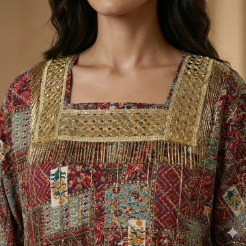 Mirror-Work Patchwork Women Daraa- Red & Multi