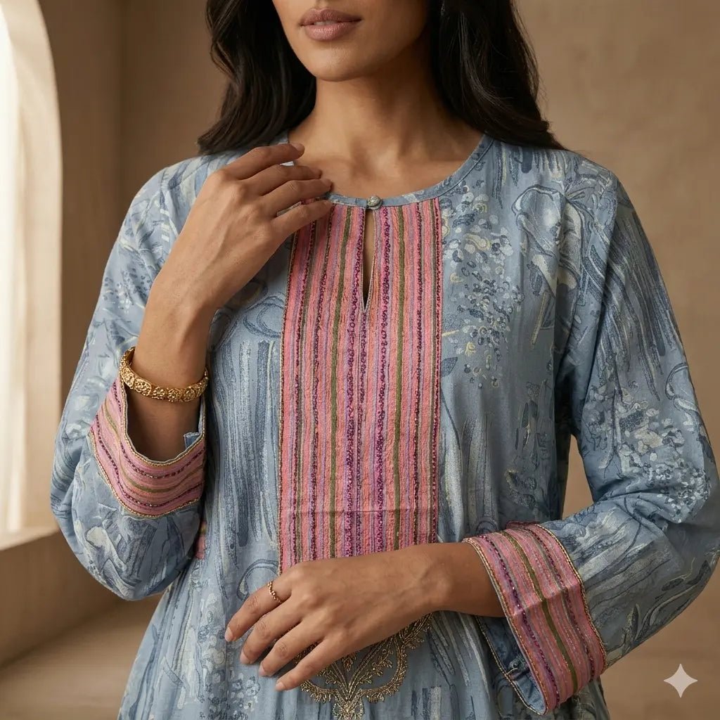 Sky Serenity Etched Women Daraa- Pastel Blue