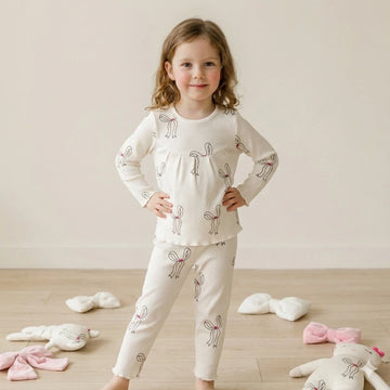 Heart Bow Girl Pajama Set- Off White
