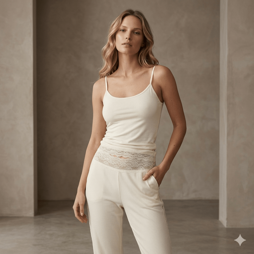 Solid Ribbed 3pc Women Pajamas- White