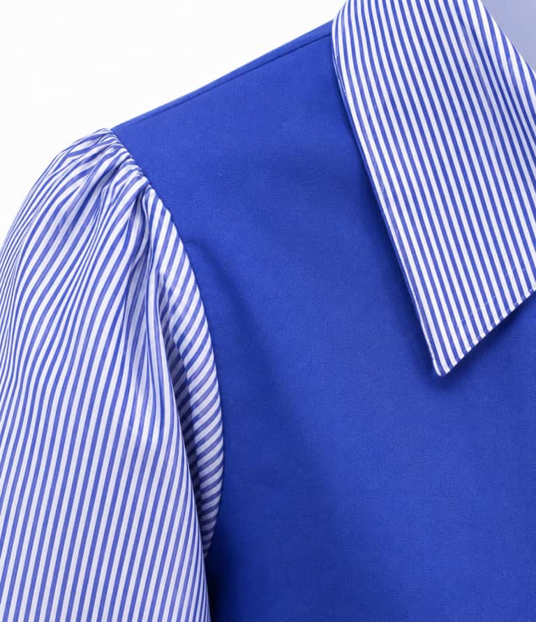 Amir - Blue school dress with long, striped, puffy sleeves and ruffle details - Girls