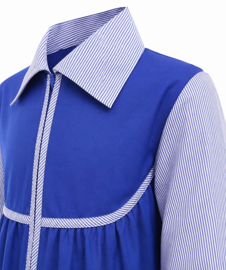 Amir - Blue long-sleeved school dress with a curved striped bodice and piping hem - Girls