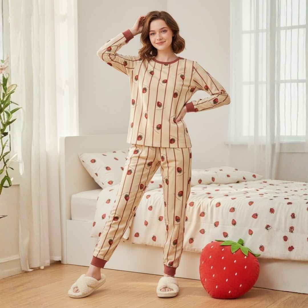 Stripe Strawberry Girl Pajama Set- Yellow
