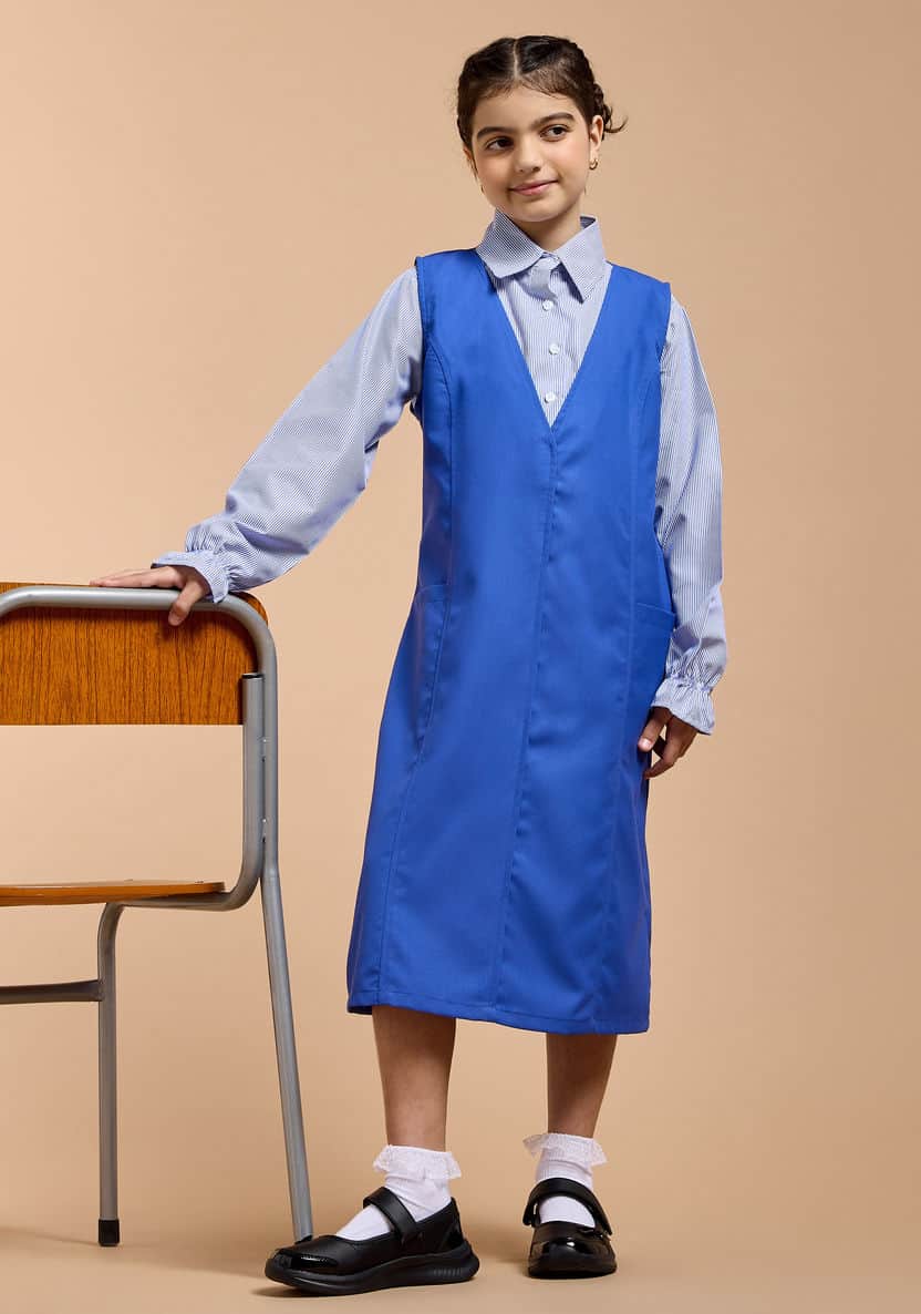 Amir - Blue school dress for girls, "two-piece illusion" design, V-neck, and belt